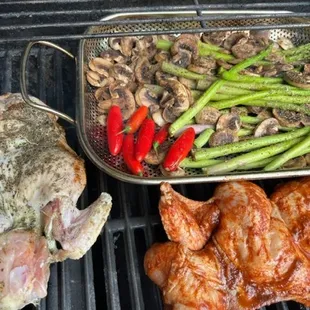 Italian and BBQ style brick chickens.