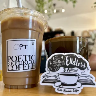 a cup of coffee and a sticker