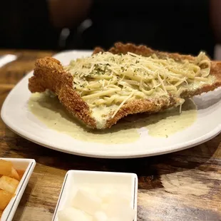 Tonkatsu pasta bowl with basil cream