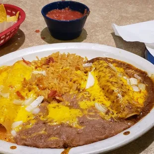 Beef &amp; Chicken Enchiladas, Beans &amp; Rice, Homemade Flour Tortilla,  Chips &amp; Salsa...