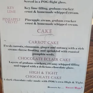 Dessert menu