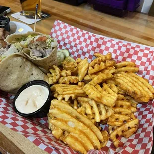 Belfast Wrap. Good sandwich. Waffle fries were crispy.