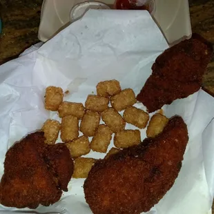 Chicken Strips  Apparently this is their lunch time portion..... even after you pay more to add tots...  #wheresthefood?