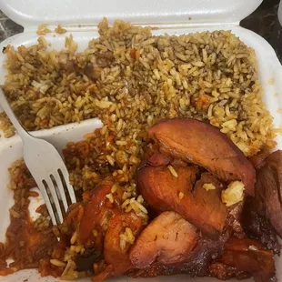 Pork fried rice w boneless spare rib tips.