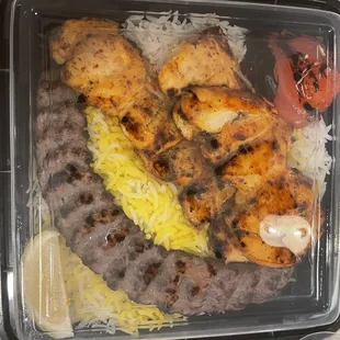 Chicken barg and beef koobideh combo platter
