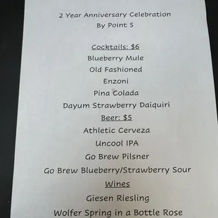 2nd Anniversary Party drink menu