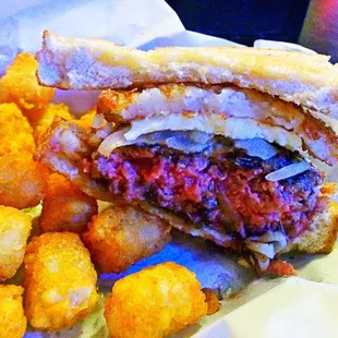 burger of the month...complete with pepper jack cheese, jalapeño jelly, hash brown, and fried egg.