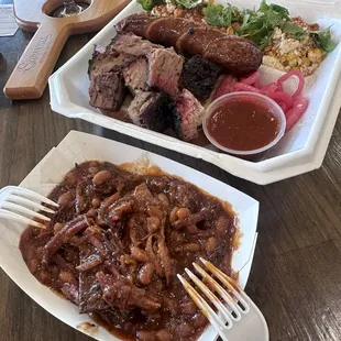 Baked beans with brisket Burnt ends Hatch chile sausage Street corn