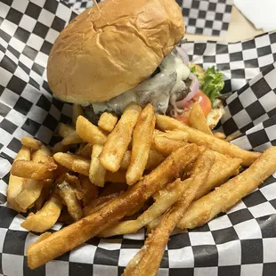 Hamburger with prime rib shavings, peppers, onions and mozzarella cheese.