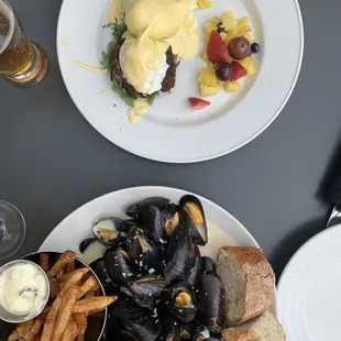 Brunch at Brugge!! Crab cake Benedict on top and the Moules Frites below