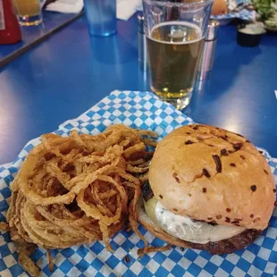 Mushroom burger and onion straws