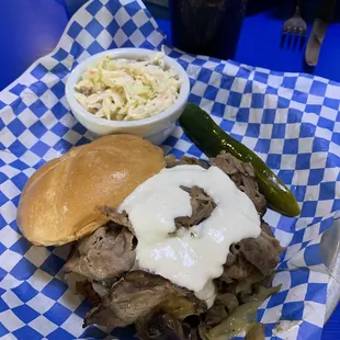 The prime rib burger with cole slaw
