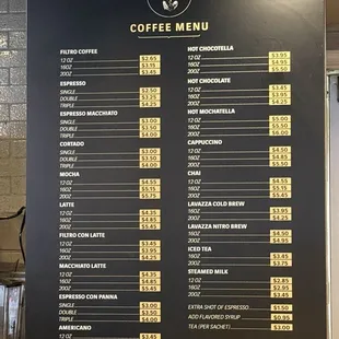 Coffee menu