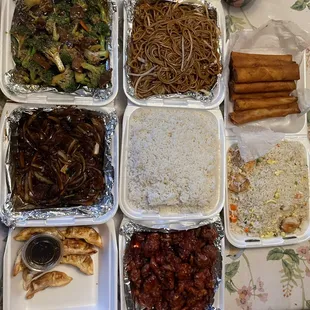 Beef Broccoli, veggie Chow Mein, Egg Roll, Mongolian beef ,Steamed Rice, shrimp fried rice, fried dumplings, and orange chicken