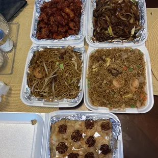 Orange Chicken, Mongolian Beef, Mixed Fried Rice, House Chow Mein, Walnut Shrimp