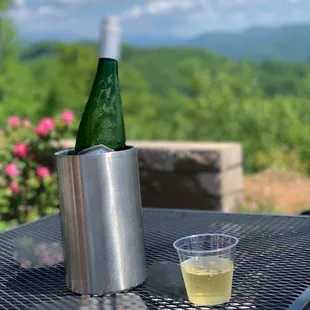a bottle of wine and a shot glass on a table