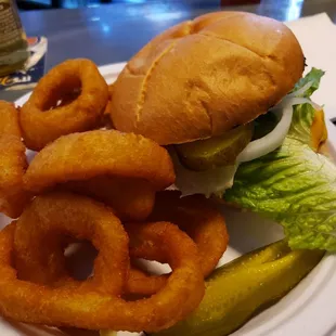 Cheeseburger special with the works and side of onion rings