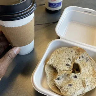 Hot Matcha Latte with Almond Milk, along with a blueberry bagel