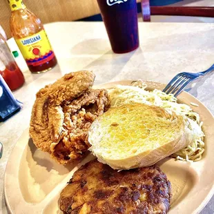 Fried chicken &amp; a fish/crab cake with angel hair pasta - simply amazing