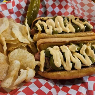 Point Street Franks with delicious beer cheese and jalapenos on perfectly toasted buns