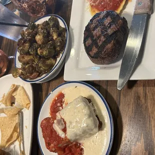 Filet with ravioli and Pointe fried pasta with roasted Brussels sprouts