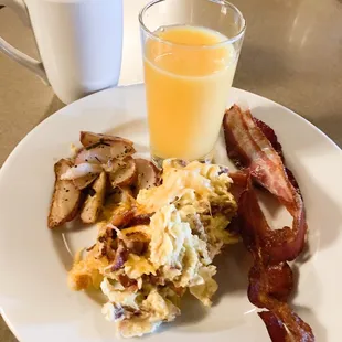 Egg bake, potatoes, bacon, and juice