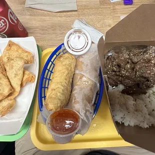 Chicken wontons, egg rolls, bulgogi and rice