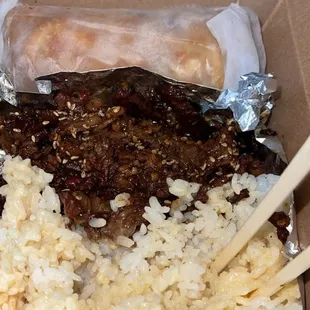 Beef bulgogi and chicken egg roll