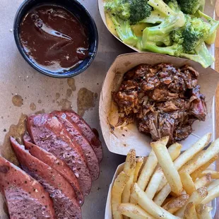 Chopped beef, sausage with fries and cheesy broccoli