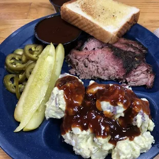 Slap Yo Momma Good Brisket Plate. Added BBQ Sauce to the Non-Texas mayo based potato salad.