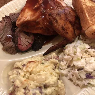 2 Meat Plate with brisket, chicken, potato salad, coleslaw.