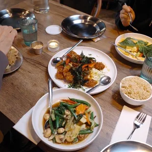 Pineapple Curry (top), Crispy Garlic Chicken (middle), Pad Thai (left), Basil (bottom)