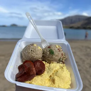 Fried rice, Portuguese sausage, and scrambled eggs!