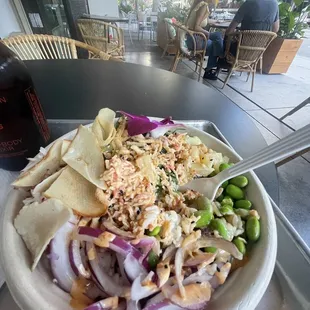 Poke bowl with imitation krab and yuca chips. It was pretty yummy. Good for a quick healthy option