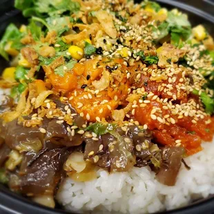 Three-Choice Bowl: House Poke, Spicy Salmon, and Salmon.