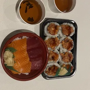 Sashimi bowl salmon and ahi, California Roll with Spicy ahi, dashi soup
