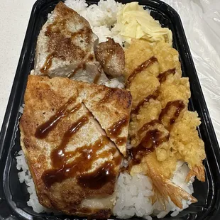 #45. Shrimp Tempura, Cooked Ahi and Salmon Bento