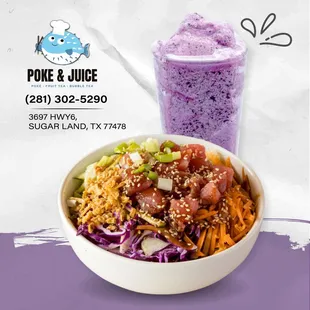 Savor a nutritious feast with our delectable poke bowl, perfectly paired with our invigorating signature juice.