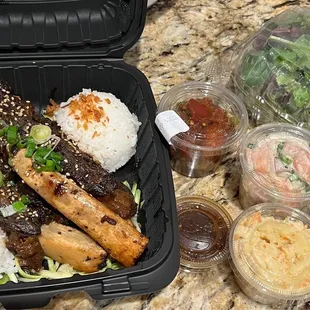 Soy Glazed Beef Ribs, spicy tuna poke, salmon poke, Mac salad side