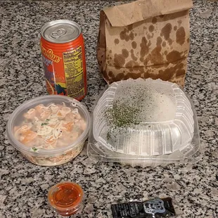 Tuesday special: Salmon poke (spicy wasabi flavor) with a Strawberry Lilikoi Hawaiian drink, Furikake rice, and wonton chips