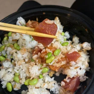 Small Poké bowl with spicy, tuna and salmon with edamame