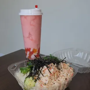 a bowl of food and a drink