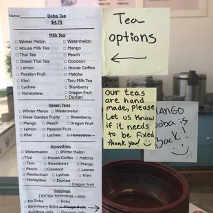 Milk teas, smoothies and toppings menu!