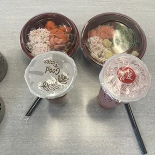 Regular size poke bowls and boba tea