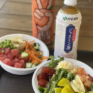 Tuna poke bowl, salmon/crab poke bowl, two ice teas. Come on Tuesday, and you can get a free scoop of crab!