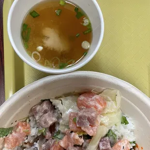 large salmon, albacore, tuna bowl with miso