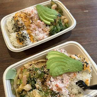 two take out containers of food