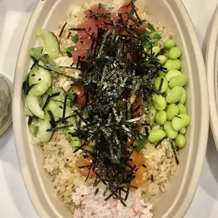 Brown rice base, 3 protein bowl