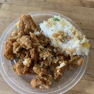 fried chicken, rice, and broccoli