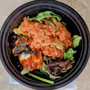 Takeaway: Salad base and Medium scoops (2 spicy tuna, 1 unagi) with cucumbers and unagi sauce.